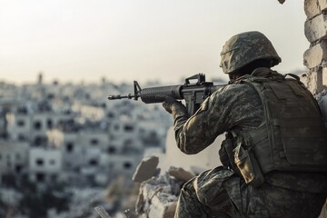 Sniper in camouflage aiming rifle from war-torn window
