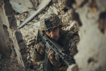 Fototapeta premium Soldier aiming rifle in a war-torn city environment