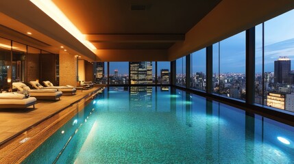 Indoor swimming pool with chic design, overlooking the bustling cityscape. -