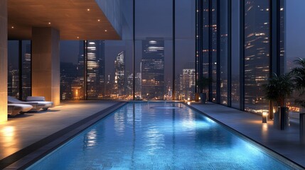 Obraz premium Indoor swimming pool with modern lighting and architecture, city skyline in the background. -