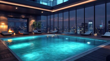 Indoor swimming pool with modern lighting and architecture, city skyline in the background. -