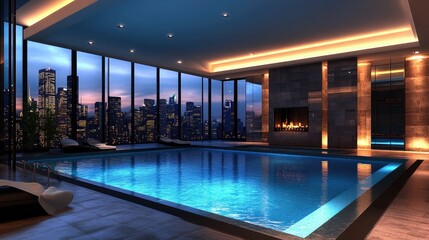 Fototapeta premium Indoor swimming pool with modern lighting and architecture, city skyline in the background. -