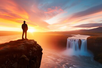 Fototapeta premium A man stands on a cliff overlooking a waterfall. The sky is orange and the water is clear
