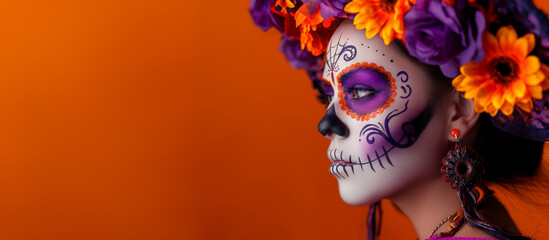 Day of the Dead theme with a vibrant purple, orange, and black background featuring skull motifs. A woman in Catrina makeup, traditional Mexican dress ,hat and 
 lively decorations