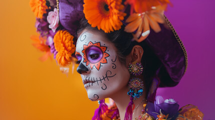 Day of the Dead theme with a vibrant purple, orange, and black background featuring skull motifs. A woman in Catrina makeup, traditional Mexican dress ,hat and 
 lively decorations