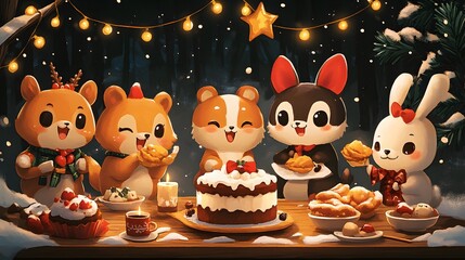 Cartoon animals enjoying a traditional Japanese Christmas with fried chicken Christmas cake and...