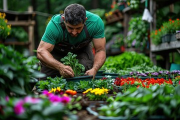 Fototapeta premium A male gardener in a green shirt and overalls plants colorful flowers in a greenhouse, emphasizing the beauty of nature, patience, and dedication required for gardening.