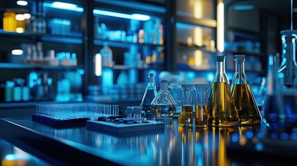 Laboratory setup with chemical tubes and pharmacy equipment. Perfect for biochemistry and research technology themes. -