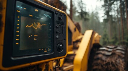 A close-up of monitoring equipment on a piece of heavy machinery, set against a misty forest backdrop, highlighting technology used in forestry operations.