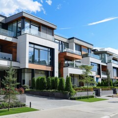 A row of tall buildings with a green lawn in front of them. The buildings are white and have a modern design