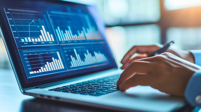 A person sitting at a laptop, monitoring events happening around their company, tracking the analytics of growth and decline throughout the current year.