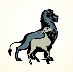 Vector drawing. Lion and lamb walks together
