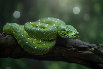 A serene green python lies curled on a branch in a natural setting, showcasing the beauty and calmness of wildlife