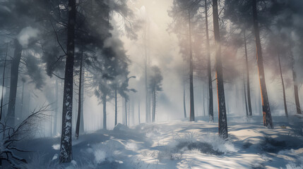 A snowy forest with trees and a path