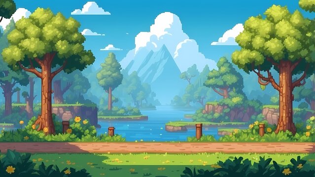 Game assets background RPG Gaming Battle Scene Beautiful day in Pixel 8bits 16bits 32 bits
