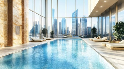 Obraz premium Luxurious indoor swimming pool with large glass windows framing the city view.