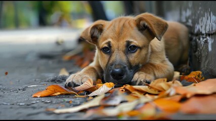 A sad puppy rests amidst fallen leaves, awaiting a loving home. FullHD footage