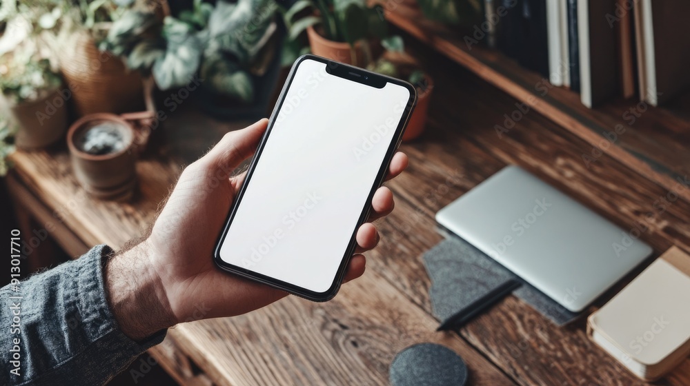 Wall mural Mockup of a man holding a cell phone with a white screen, on a wooden desk in a home office.