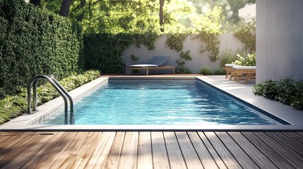 Modern design swimming pool with stainless steel stairs and a wooden deck.