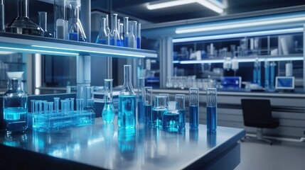 Fototapeta premium Modern lab with chemical tubes and pharmaceutical research tools. Perfect for biochemistry and research technology. -