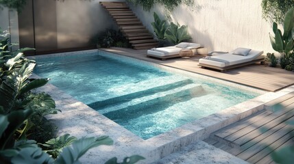 Modern swimming pool with stairs and a wooden deck, perfect for relaxation.