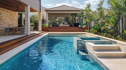 Pool with inviting stairs and a wooden deck, perfect for summer days.