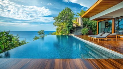 Poolside view of a swimming pool with stairs and a stylish wooden deck.