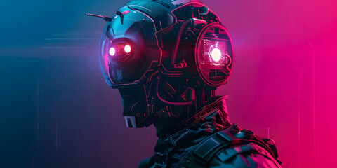 Portrait illustration cyberpunk soldier of science fiction military robot glowing neon background design