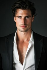 Man in black suit with calm and composed expression.