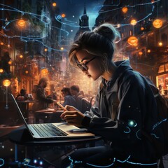 Cyberpunk Woman Using Laptop and Phone in a City
