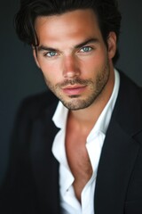 Handsome man in a blazer, showcasing an intense stare.