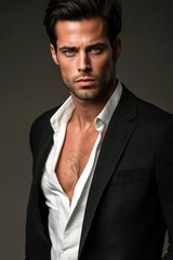 Stylish man in black suit exuding seriousness and poise.