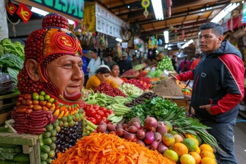 Obraz premium A bustling vegetable market vividly decorated with a colorful array of fresh produce and an artistically carved vegetable sculpture, creating an energetic and lively atmosphere.