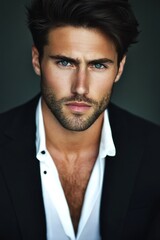 Fototapeta premium Handsome man with blue eyes in an open black suit.