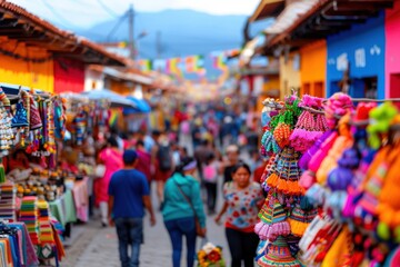 Obraz premium A colorful market street filled with shoppers and a variety of vibrant wares, including handmade textiles and crafts, creating a lively and bustling shopping environment.