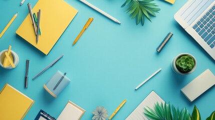 Flat Lay of Office Supplies and Plants on Blue Background