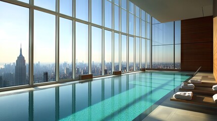 Serene indoor swimming pool with a view of the city through large glass walls.