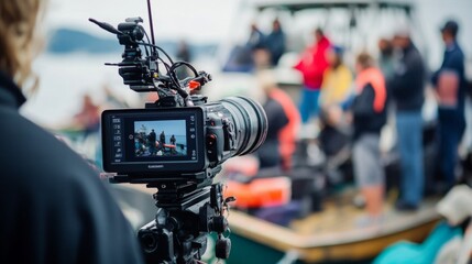 A filmmaker uses a camera to record an event on a boat, with people engaged in various activities and the ocean in the background.
