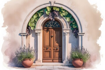 Fototapeta premium Watercolor stone arch with vintage forged gates in blooming summer garden isolated on white background. Hand drawn illustration sketch 