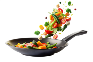 Vegetables fall into a black frying pan on a transparent background. Healthy food concept, The thorny part of the vegetable flying is a beautiful sight