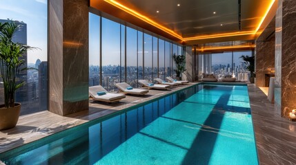 Spacious indoor pool area with panoramic city views, stylish and modern decor.