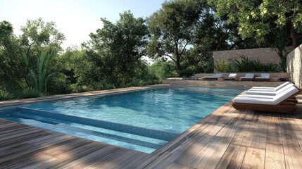 Swimming pool with inviting stairs and a spacious wooden deck, ideal for lounging.