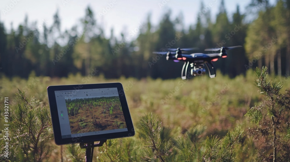 Poster a drone hovers above a forest clearing while a control monitor displays its live feed, showcasing th
