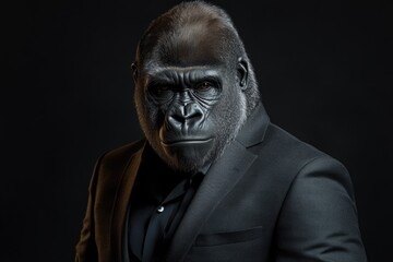 Obraz premium A serious gorilla stands in a black suit, exuding confidence and authority