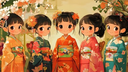 Cartoon characters celebrating Coming of Age Day with kimonos ceremonies and photo sessions