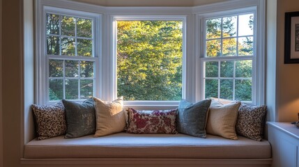 Large bay window with a cozy window seat, creating a perfect nook for reading and relaxation.