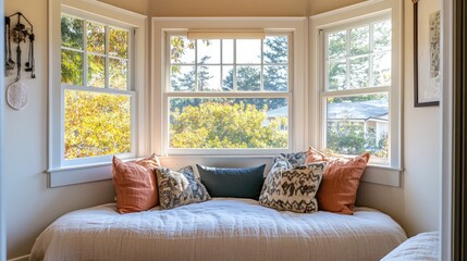 Large bay window with a cozy window seat, creating a perfect nook for reading and relaxation.