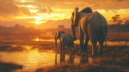 Elephant family wading through sunset waters
