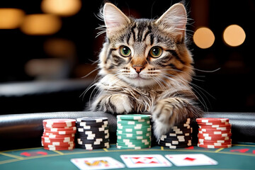 Animal Cat plays poker blackjack in a casino, fantasy