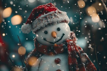 Joyful snowman with Santa hat scarf in winter wonderland